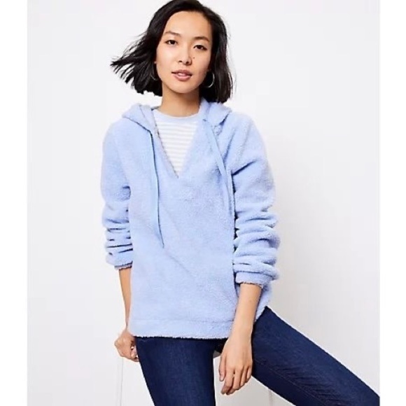 Loft Sherpa Teddy Bear Hoodie Womens Light Blue Pullover Large - Picture 1 of 6